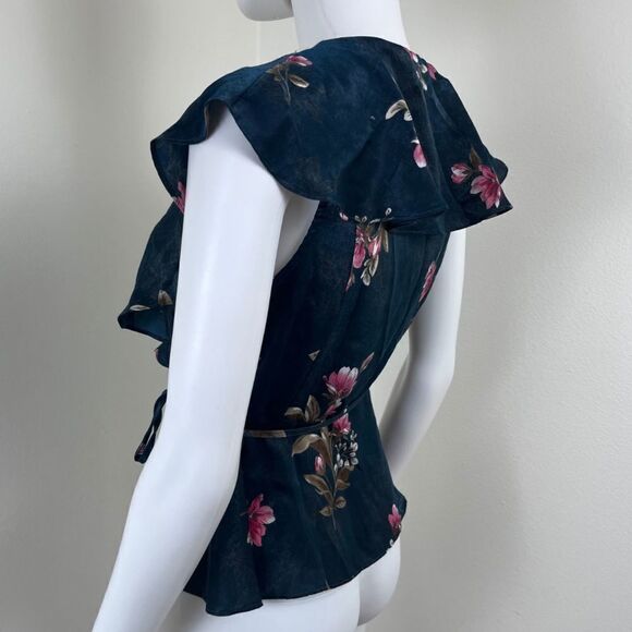 Collective Concept Size M Petite Green Pink Floral Satin Ruffle Wrap Blouse Top - Picture 10 of 13